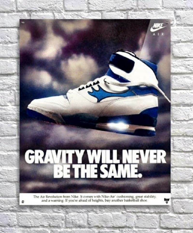 a vintage Nike Air Revolutions advertisement featuring the shoe with a custom moose antler swoosh